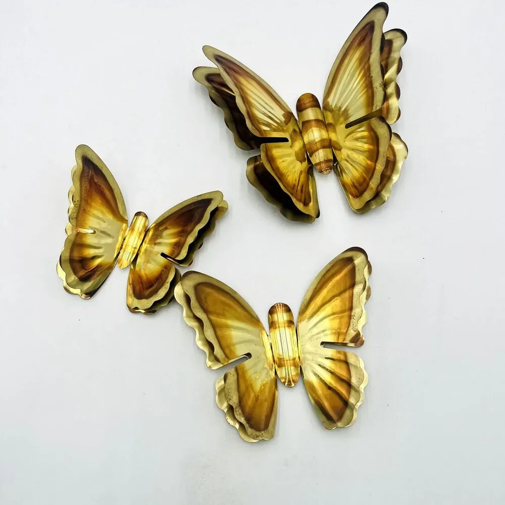 Set Of 3 Vintage Two-toned Aluminum Butterflies. Wall Art. Gold And Copper Color